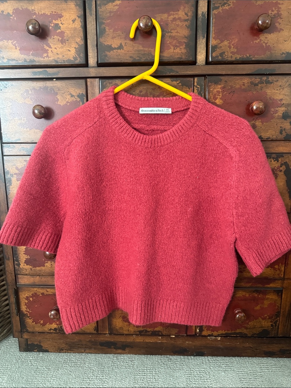 Abercrombie & Fitch Women's Deep Red Short-Sleeve Crew Sweater